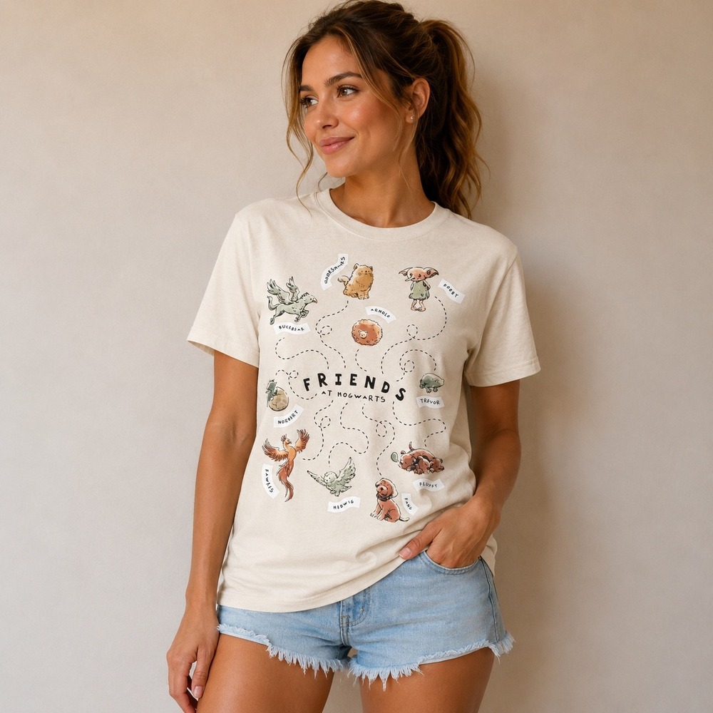Harry Potter Friends at Hogwarts Graphic Tee Cream Dobby Hedwig Shirt Large